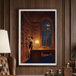 Sous la voûte d'une bibliothèque séculaire, le temps semble suspendu entre le parfum du vieux papier et l'éclat d'une lune souveraine. Une femme s'égare parmi les reliures, cherchant dans le silence des rayons une vérité enfouie, alors que dehors, la nature exhale ses mystères nocturnes.