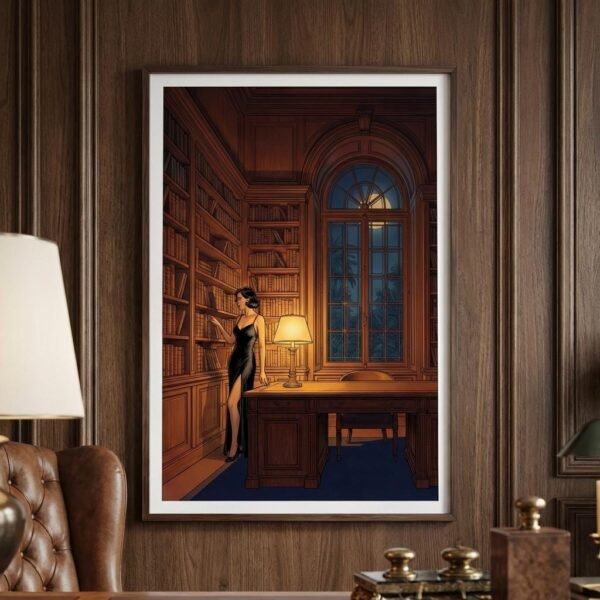 Sous la voûte d'une bibliothèque séculaire, le temps semble suspendu entre le parfum du vieux papier et l'éclat d'une lune souveraine. Une femme s'égare parmi les reliures, cherchant dans le silence des rayons une vérité enfouie, alors que dehors, la nature exhale ses mystères nocturnes.