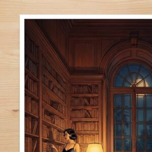 Sous la voûte d'une bibliothèque séculaire, le temps semble suspendu entre le parfum du vieux papier et l'éclat d'une lune souveraine. Une femme s'égare parmi les reliures, cherchant dans le silence des rayons une vérité enfouie, alors que dehors, la nature exhale ses mystères nocturnes.