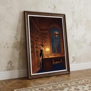 Sous la voûte d'une bibliothèque séculaire, le temps semble suspendu entre le parfum du vieux papier et l'éclat d'une lune souveraine. Une femme s'égare parmi les reliures, cherchant dans le silence des rayons une vérité enfouie, alors que dehors, la nature exhale ses mystères nocturnes.