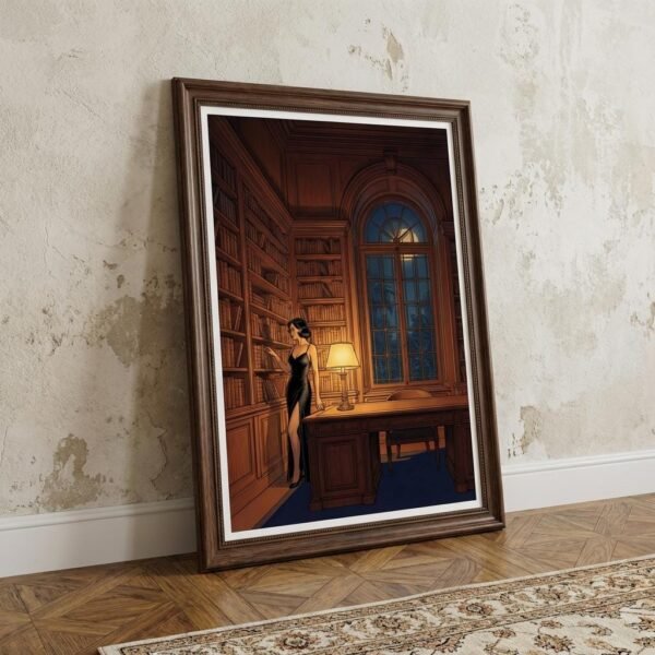 Sous la voûte d'une bibliothèque séculaire, le temps semble suspendu entre le parfum du vieux papier et l'éclat d'une lune souveraine. Une femme s'égare parmi les reliures, cherchant dans le silence des rayons une vérité enfouie, alors que dehors, la nature exhale ses mystères nocturnes.