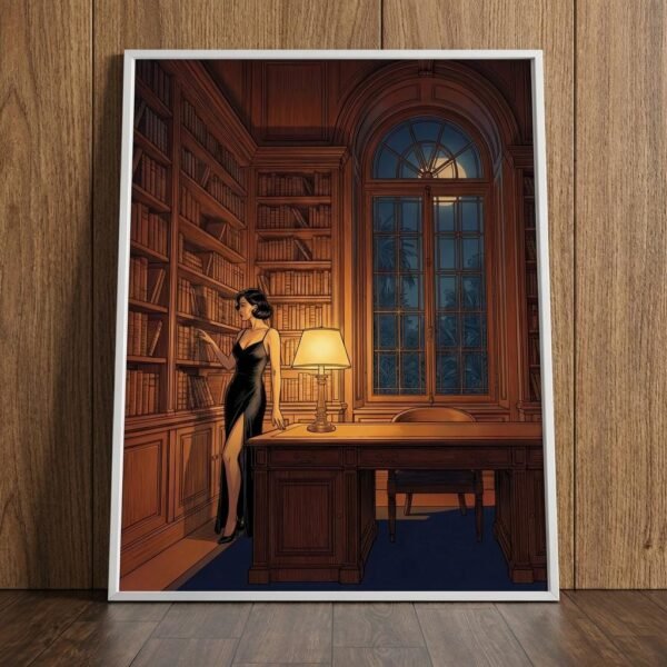 Sous la voûte d'une bibliothèque séculaire, le temps semble suspendu entre le parfum du vieux papier et l'éclat d'une lune souveraine. Une femme s'égare parmi les reliures, cherchant dans le silence des rayons une vérité enfouie, alors que dehors, la nature exhale ses mystères nocturnes.