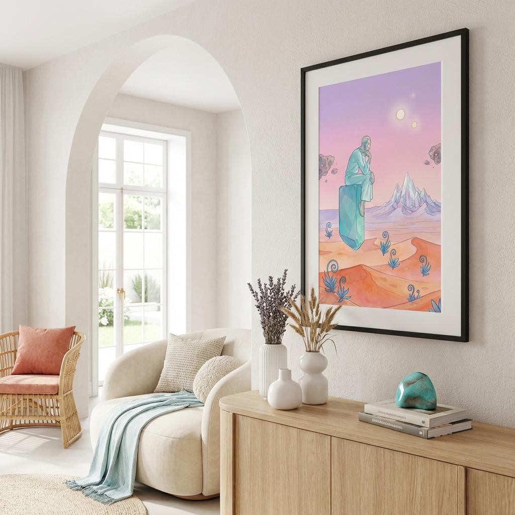 Un voyageur solitaire, assis sur un monolithe flottant, se perd dans une contemplation silencieuse face à l