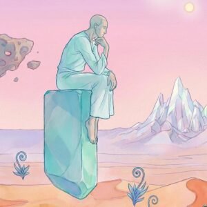 Un voyageur solitaire, assis sur un monolithe flottant, se perd dans une contemplation silencieuse face à l'immensité d'un désert de corail et de montagnes de cristal. Ses pensées s'élèvent, comme libérées de la gravité, vers un ciel peuplé de deux lunes et de roches flottantes. Une invitation à la méditation cosmique.