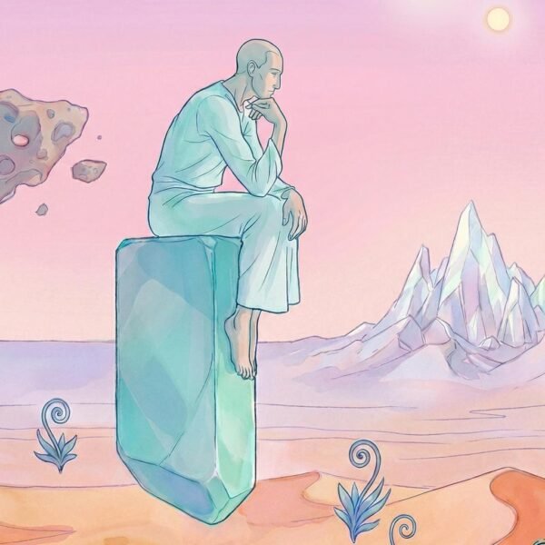 Un voyageur solitaire, assis sur un monolithe flottant, se perd dans une contemplation silencieuse face à l'immensité d'un désert de corail et de montagnes de cristal. Ses pensées s'élèvent, comme libérées de la gravité, vers un ciel peuplé de deux lunes et de roches flottantes. Une invitation à la méditation cosmique.