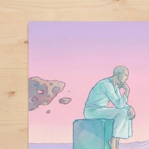 Un voyageur solitaire, assis sur un monolithe flottant, se perd dans une contemplation silencieuse face à l'immensité d'un désert de corail et de montagnes de cristal. Ses pensées s'élèvent, comme libérées de la gravité, vers un ciel peuplé de deux lunes et de roches flottantes. Une invitation à la méditation cosmique.