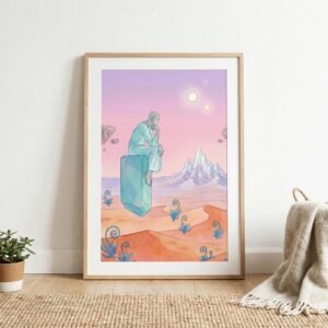 Un voyageur solitaire, assis sur un monolithe flottant, se perd dans une contemplation silencieuse face à l'immensité d'un désert de corail et de montagnes de cristal. Ses pensées s'élèvent, comme libérées de la gravité, vers un ciel peuplé de deux lunes et de roches flottantes. Une invitation à la méditation cosmique.