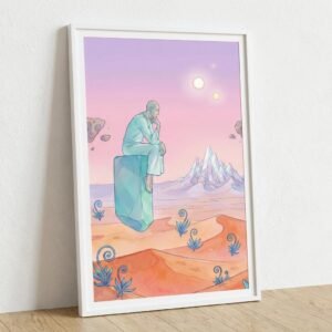 Un voyageur solitaire, assis sur un monolithe flottant, se perd dans une contemplation silencieuse face à l'immensité d'un désert de corail et de montagnes de cristal. Ses pensées s'élèvent, comme libérées de la gravité, vers un ciel peuplé de deux lunes et de roches flottantes. Une invitation à la méditation cosmique.