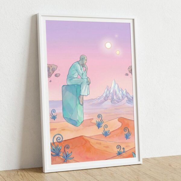 Un voyageur solitaire, assis sur un monolithe flottant, se perd dans une contemplation silencieuse face à l'immensité d'un désert de corail et de montagnes de cristal. Ses pensées s'élèvent, comme libérées de la gravité, vers un ciel peuplé de deux lunes et de roches flottantes. Une invitation à la méditation cosmique.