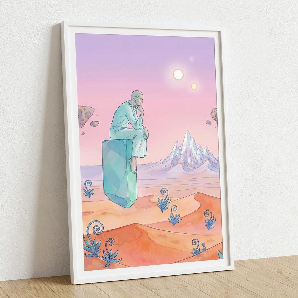 Un voyageur solitaire, assis sur un monolithe flottant, se perd dans une contemplation silencieuse face à l