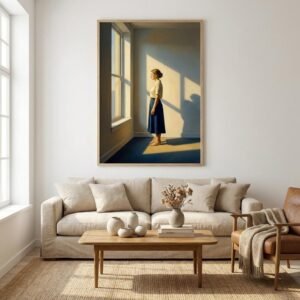 Face à la fenêtre, elle attend que le soleil dessine les contours de sa pensée. Dans cette pièce vide, chaque rayon d'or devient un dialogue muet entre l'âme et l'horizon, invitant à une dérive onirique où le temps n'a plus prise.