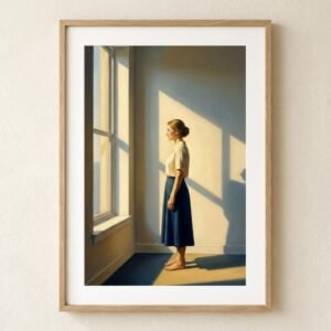 Face à la fenêtre, elle attend que le soleil dessine les contours de sa pensée. Dans cette pièce vide, chaque rayon d'or devient un dialogue muet entre l'âme et l'horizon, invitant à une dérive onirique où le temps n'a plus prise.