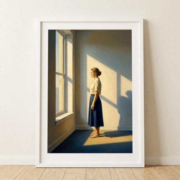 Face à la fenêtre, elle attend que le soleil dessine les contours de sa pensée. Dans cette pièce vide, chaque rayon d'or devient un dialogue muet entre l'âme et l'horizon, invitant à une dérive onirique où le temps n'a plus prise.