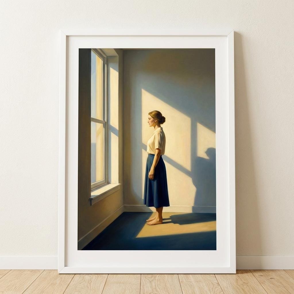 Face à la fenêtre, elle attend que le soleil dessine les contours de sa pensée. Dans cette pièce vide, chaque rayon d