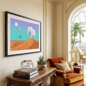 Une silhouette de nacre s'élève au-dessus des sables mouvants, vestige d'un temps où les montagnes marchaient. Sous le regard de trois astres pâles, un pilote s'approche de cette divinité géométrique, cherchant le secret de l'immobilité absolue dans l'immensité d'un désert de cuivre.