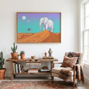 Une silhouette de nacre s'élève au-dessus des sables mouvants, vestige d'un temps où les montagnes marchaient. Sous le regard de trois astres pâles, un pilote s'approche de cette divinité géométrique, cherchant le secret de l'immobilité absolue dans l'immensité d'un désert de cuivre.