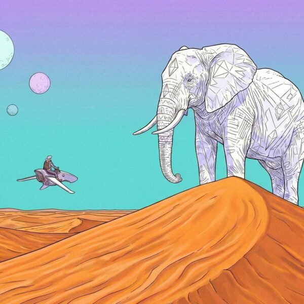 Une silhouette de nacre s'élève au-dessus des sables mouvants, vestige d'un temps où les montagnes marchaient. Sous le regard de trois astres pâles, un pilote s'approche de cette divinité géométrique, cherchant le secret de l'immobilité absolue dans l'immensité d'un désert de cuivre.