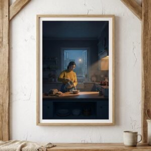 La pénombre de l'heure bleue enveloppe une cuisine silencieuse. Entre le pain rompu et la fenêtre ouverte sur la brume, une femme verse le lait dans un calme absolu. Un instant suspendu où le quotidien bascule dans une poésie cinématographique mystérieuse.