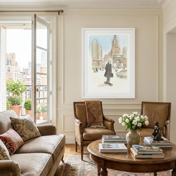 Sous l'arche de pierre, un homme défie les décennies d'un coup de pied léger. Entre les grat-ciel de Manhattan et le vol d'un pigeon, son skateboard devient le véhicule d'une liberté retrouvée, transformant Washington Square en un théâtre de l'éternelle jeunesse.