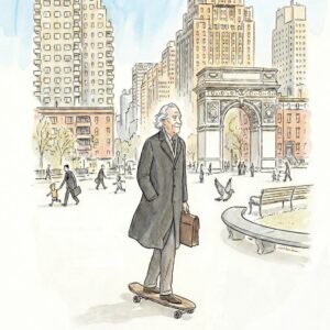 Sous l'arche de pierre, un homme défie les décennies d'un coup de pied léger. Entre les grat-ciel de Manhattan et le vol d'un pigeon, son skateboard devient le véhicule d'une liberté retrouvée, transformant Washington Square en un théâtre de l'éternelle jeunesse.