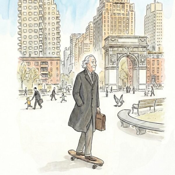 Sous l'arche de pierre, un homme défie les décennies d'un coup de pied léger. Entre les grat-ciel de Manhattan et le vol d'un pigeon, son skateboard devient le véhicule d'une liberté retrouvée, transformant Washington Square en un théâtre de l'éternelle jeunesse.