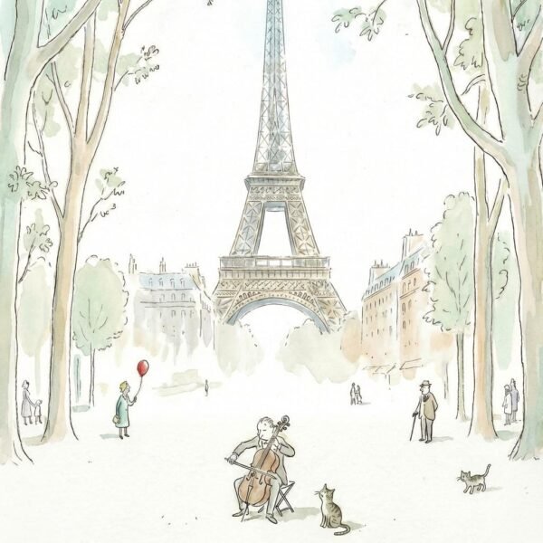 Sous la silhouette diaphane de la Tour Eiffel, un violoncelliste et son public de fortune s'accordent au silence des jardins parisiens. Une parenthèse poétique où la musique des petites choses résonne plus fort que les pierres de la cité.
