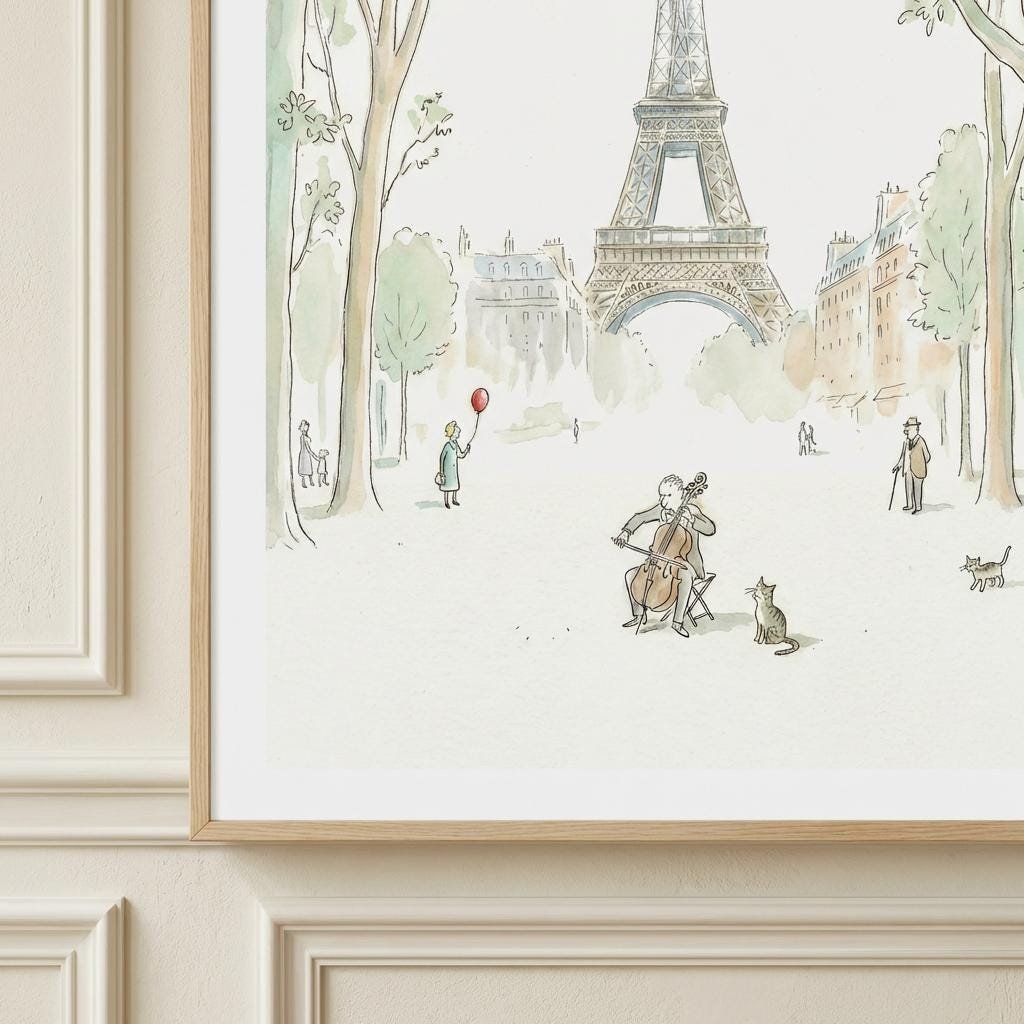 Sous la silhouette diaphane de la Tour Eiffel, un violoncelliste et son public de fortune s