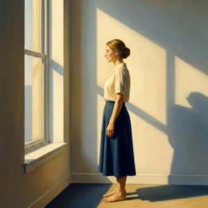 Face à la fenêtre, elle attend que le soleil dessine les contours de sa pensée. Dans cette pièce vide, chaque rayon d'or devient un dialogue muet entre l'âme et l'horizon, invitant à une dérive onirique où le temps n'a plus prise.