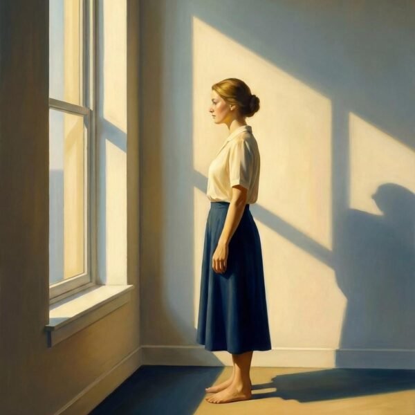 Face à la fenêtre, elle attend que le soleil dessine les contours de sa pensée. Dans cette pièce vide, chaque rayon d'or devient un dialogue muet entre l'âme et l'horizon, invitant à une dérive onirique où le temps n'a plus prise.