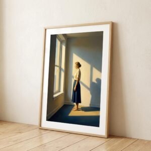 Face à la fenêtre, elle attend que le soleil dessine les contours de sa pensée. Dans cette pièce vide, chaque rayon d'or devient un dialogue muet entre l'âme et l'horizon, invitant à une dérive onirique où le temps n'a plus prise.