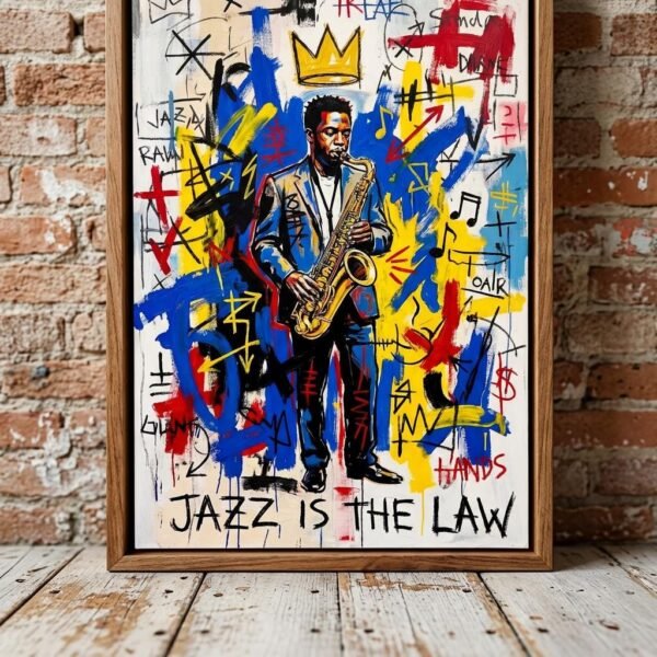 Un souffle de cuivre déchire la toile. Entre les graffitis et l'or d'une couronne improvisée, le jazz s'impose comme l'unique loi. Ce portrait vibrant capture l'essence d'une mélodie nocturne où chaque coup de pinceau résonne comme une note bleue sur le bitume.