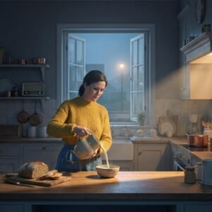 La pénombre de l'heure bleue enveloppe une cuisine silencieuse. Entre le pain rompu et la fenêtre ouverte sur la brume, une femme verse le lait dans un calme absolu. Un instant suspendu où le quotidien bascule dans une poésie cinématographique mystérieuse.