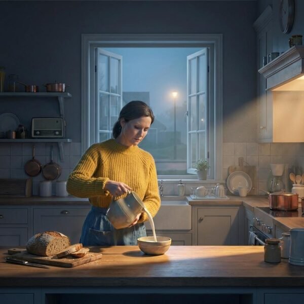 La pénombre de l'heure bleue enveloppe une cuisine silencieuse. Entre le pain rompu et la fenêtre ouverte sur la brume, une femme verse le lait dans un calme absolu. Un instant suspendu où le quotidien bascule dans une poésie cinématographique mystérieuse.