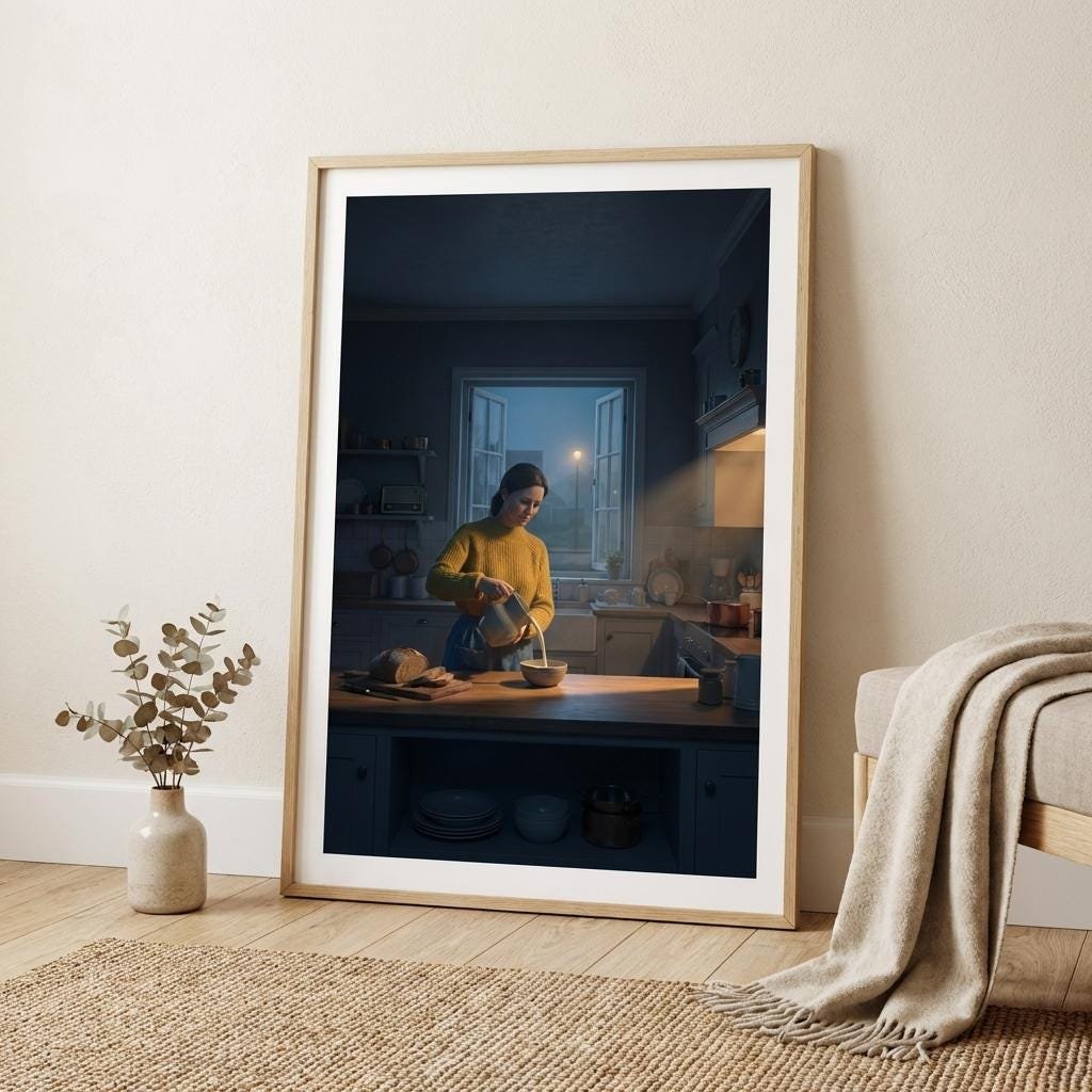 La pénombre de l'heure bleue enveloppe une cuisine silencieuse. Entre le pain rompu et la fenêtre ouverte sur la brume, une femme verse le lait dans un calme absolu. Un instant suspendu où le quotidien bascule dans une poésie cinématographique mystérieuse.