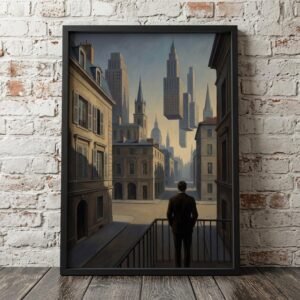 Un homme contemple l'impossible : des gratte-ciels flottent au-dessus de rues pavées, figeant la ville dans un rêve éveillé. Entre nostalgie classique et vertige futuriste, ce balcon offre une vue unique sur une métropole où la gravité n'est plus qu'un lointain souvenir.