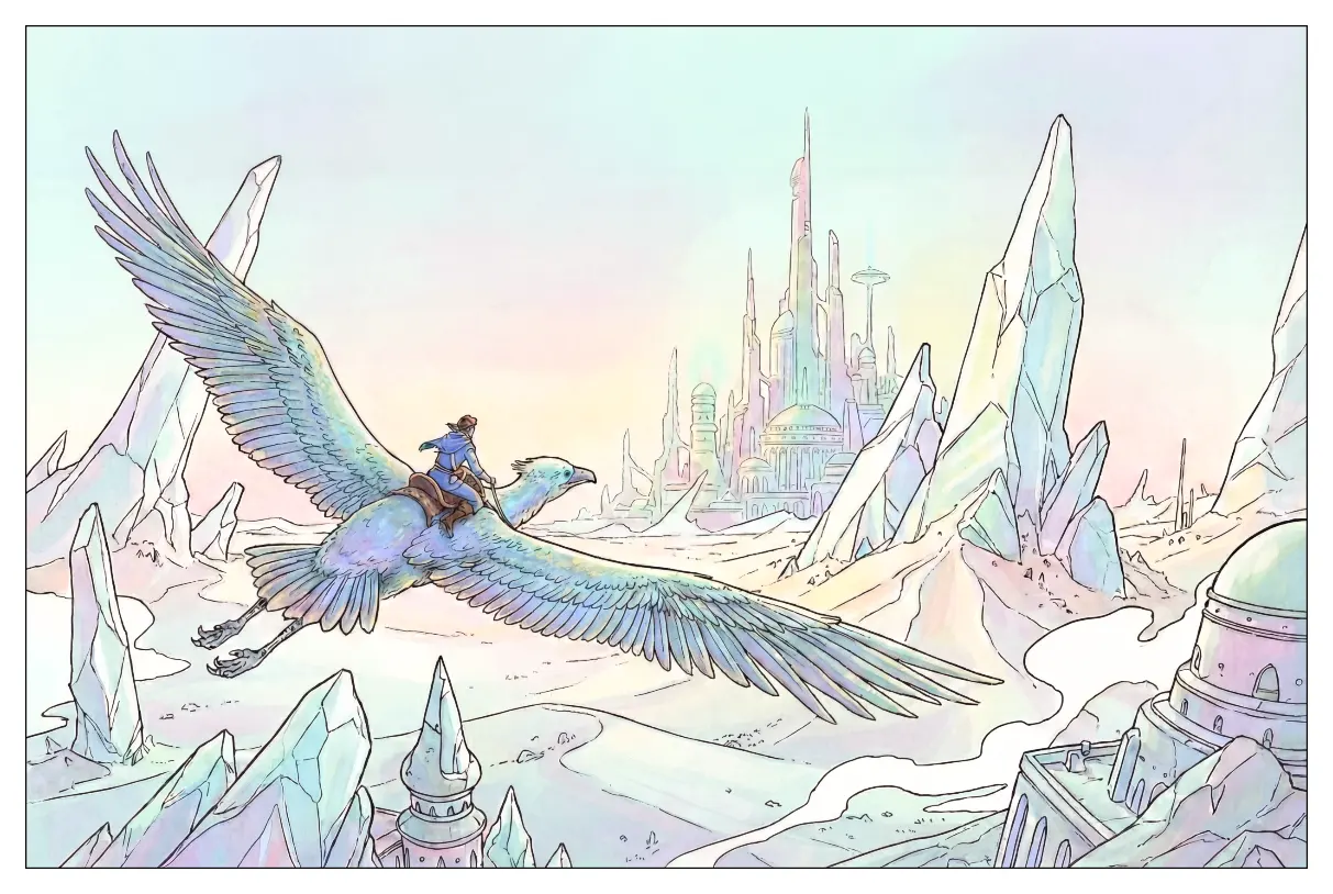 Illustration oiseau géant désert cristallin