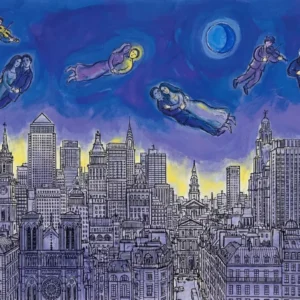 Skyline urbain et figures volantes sur toile