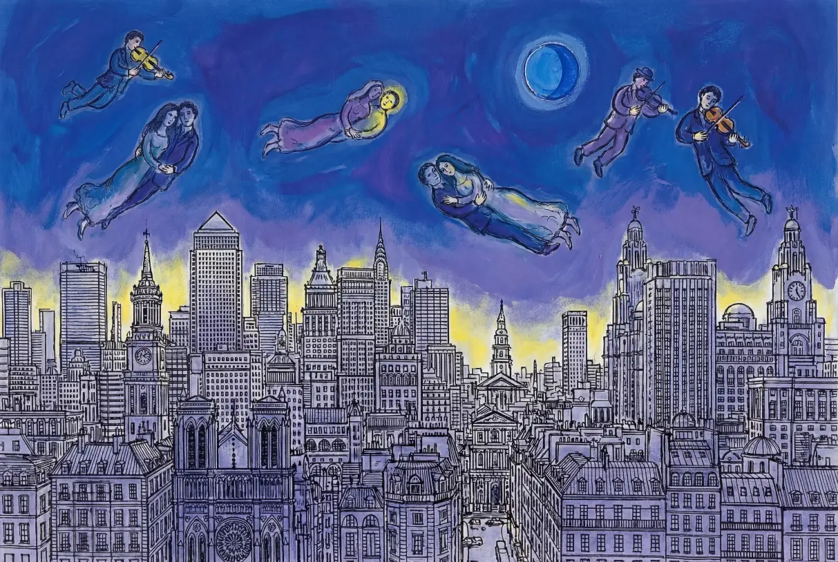 Skyline urbain et figures volantes sur toile