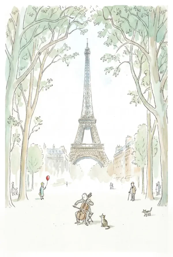 Aquarelle Paris Tour Eiffel et musicien