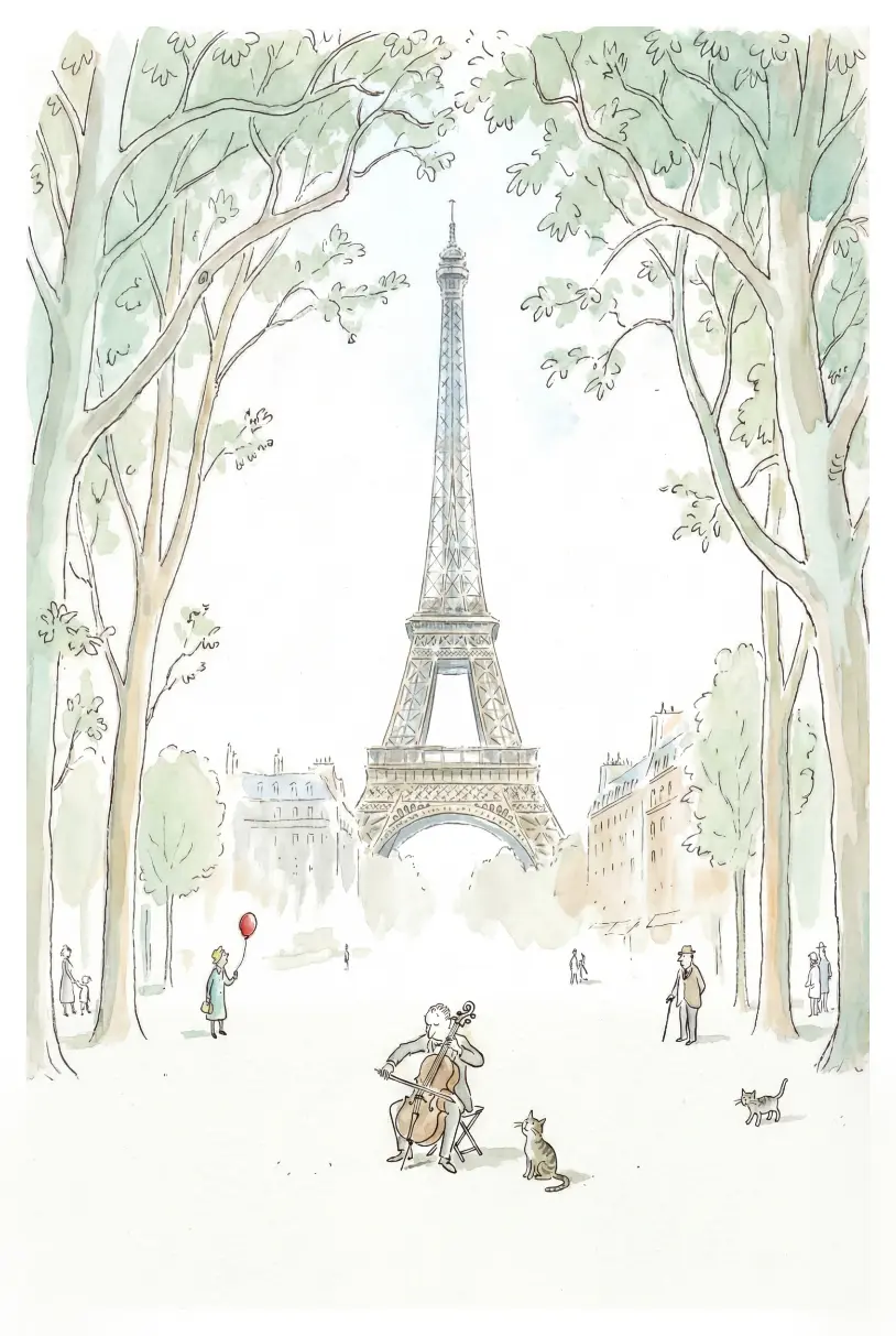 Aquarelle Paris Tour Eiffel et musicien