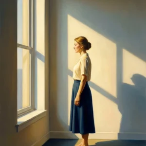 Femme de profil à la fenêtre lumière dorée