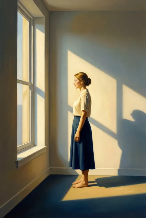 Femme de profil à la fenêtre lumière dorée