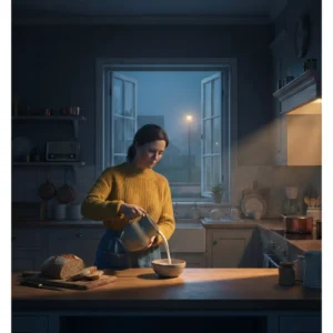 Femme versant du lait cuisine heure bleue