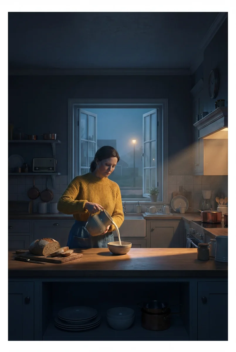 Femme versant du lait cuisine heure bleue