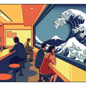 Scène de diner avec vague et mont Fuji sur toile