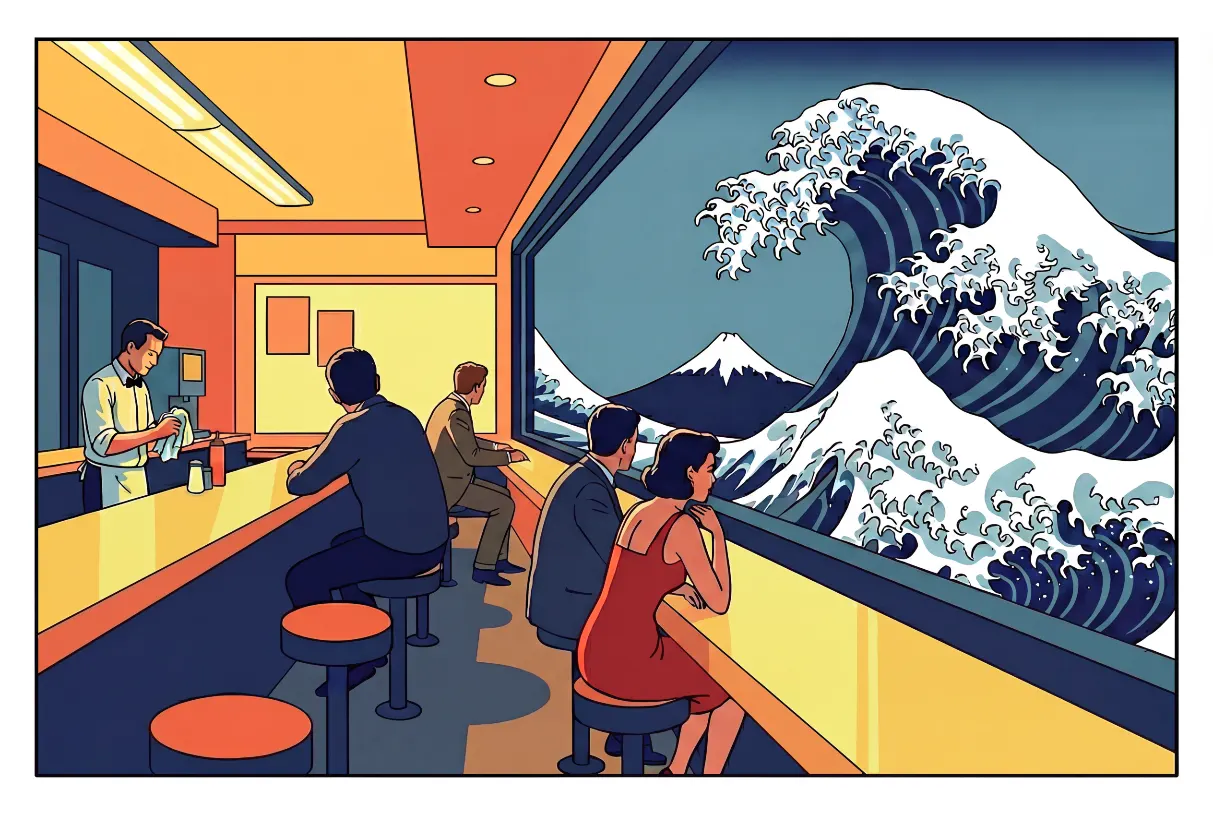 Scène de diner avec vague et mont Fuji sur toile