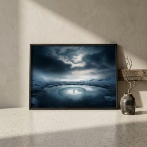 Affiche 33 tours dans un salon au design Wabi-Sabi et Brutalisme organique