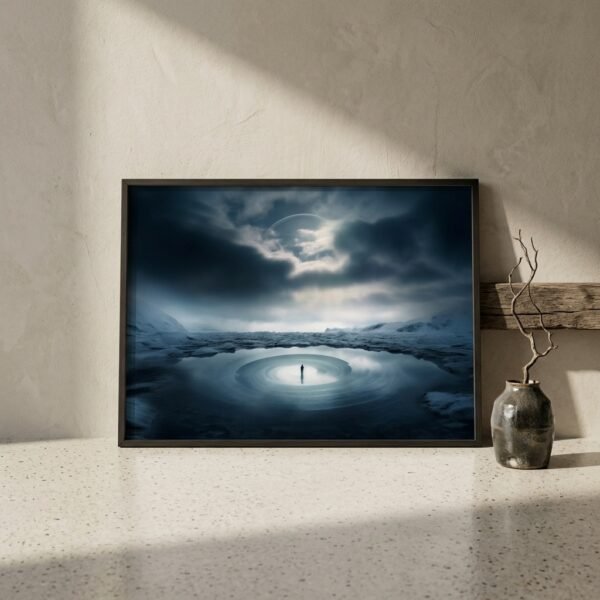 Affiche 33 tours dans un salon au design Wabi-Sabi et Brutalisme organique