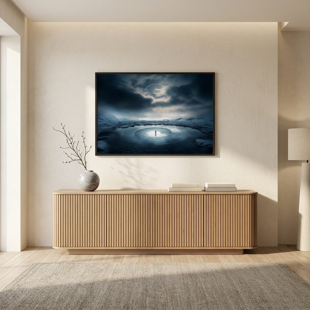 Poster 33 tours suspendu dans un intérieur minimaliste Quiet Luxury