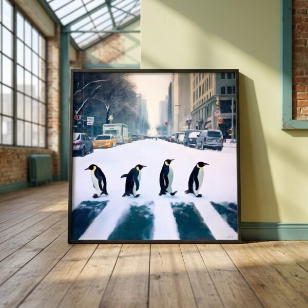 Affiche Abbey Road style Beatles dans un salon au design minimaliste et chaleureux.